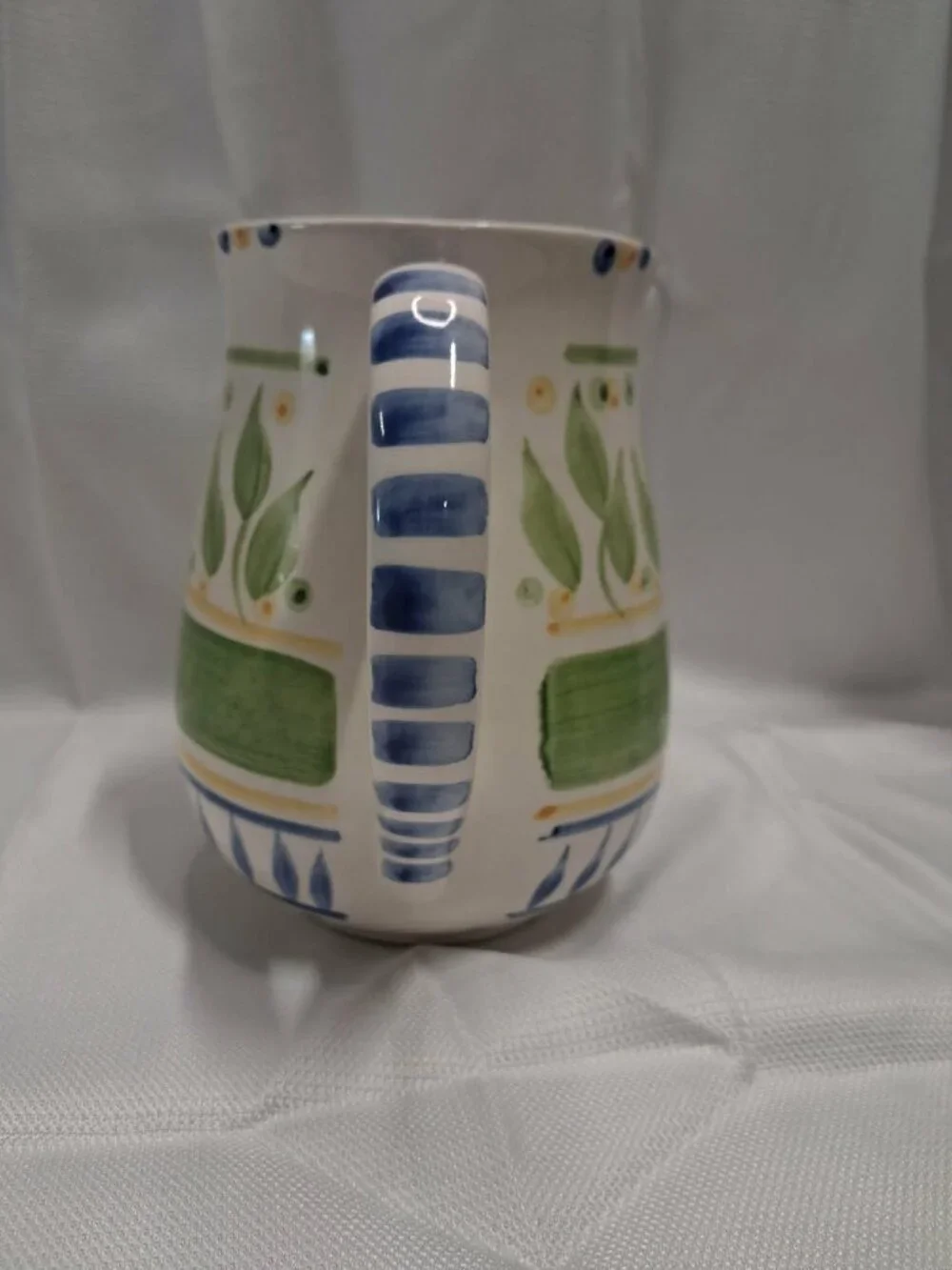 Gibson 8-inch Ceramic Pitcher White Leaf Pattern Green Yellow Blue